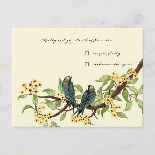 Yellow Florals Teal Vintage Love Birds Response Invitation Postcard