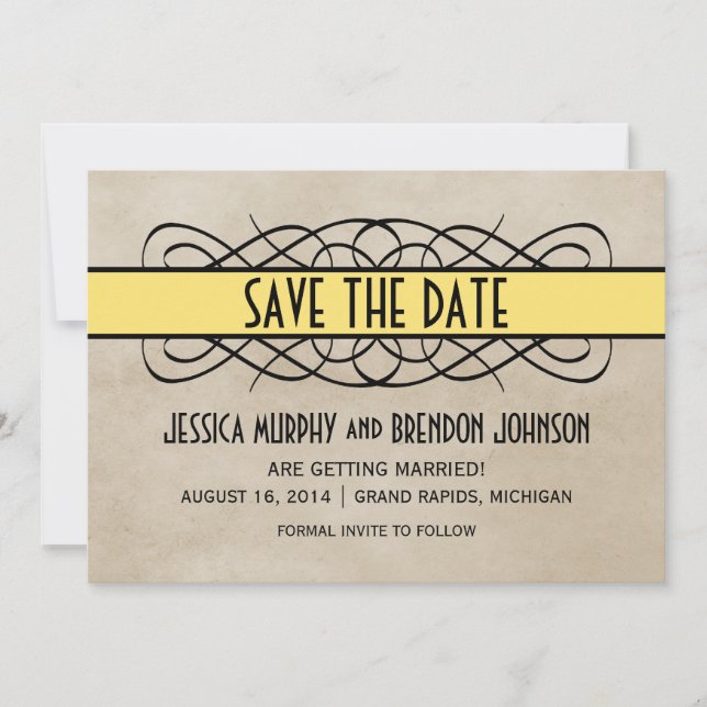 Yellow Flourish Border Save the Date Invite (Front)