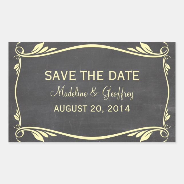 Yellow Flourish Chalkboard Save the Date Stickers (Front)