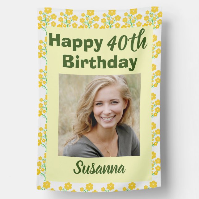 Yellow Flower 40th Birthday Photo House Flag (Back)