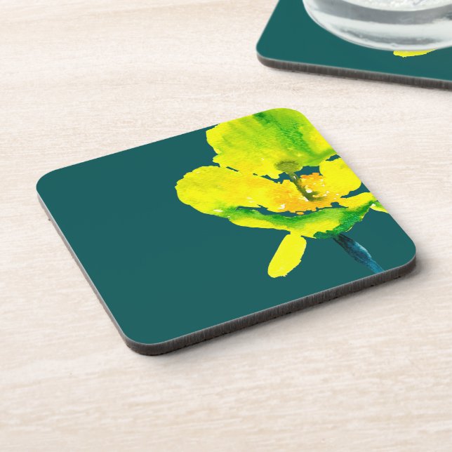 Yellow flower abstract watercolor  beverage coaster (Left Side)