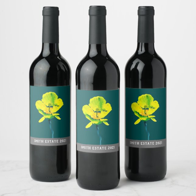 Yellow flower abstract watercolor  wine label (Bottles)