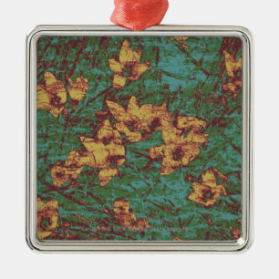 Yellow flower against leaf camouflage pattern 2 metal ornament