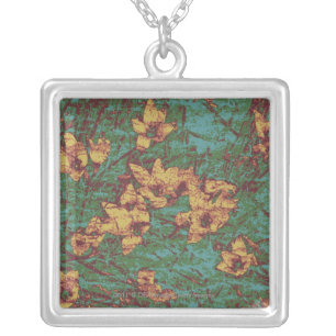 Yellow flower against leaf camouflage pattern 2 silver plated necklace