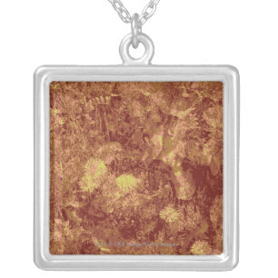 Yellow flower against leaf camouflage pattern silver plated necklace