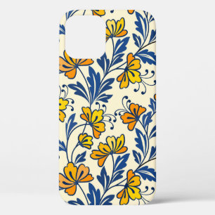 Yellow flower and blue leaf design seamless patter iPhone 12 case