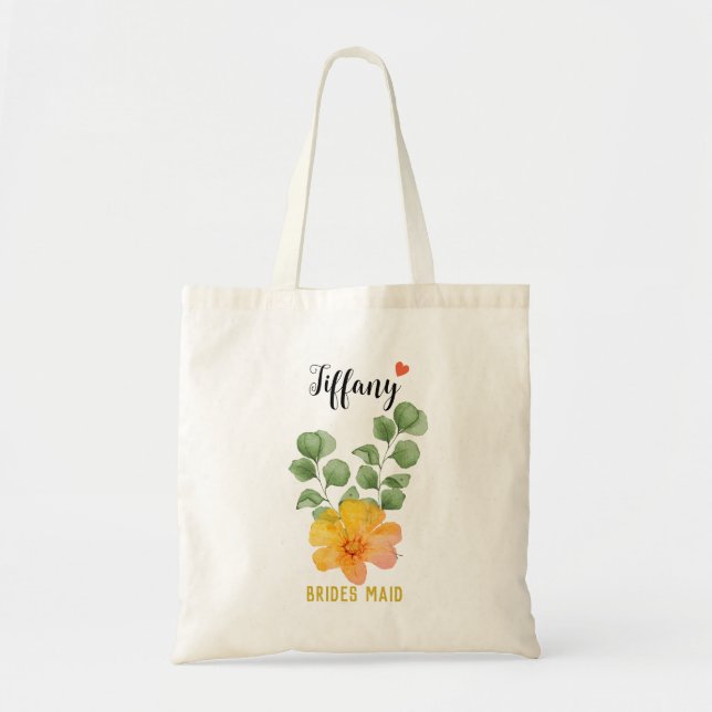 Yellow Flower and Leaf Brides Maid Name Tote Bag (Front)