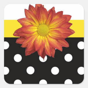 Yellow flower black white polka dot girly square sticker