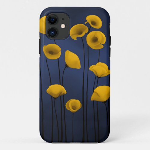 Yellow flower blossom on the navy blue background iPhone 11 case