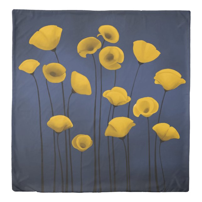 Yellow flower blossom on the navy blue background duvet cover (Front)