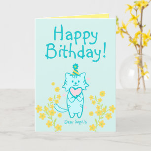 Yellow Flower&Blue Cat wearing Hat&Heart Birthday Card