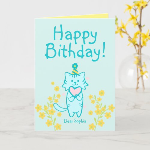 Yellow FlowerBlue Cat wearing HatHeart Birthday  Card