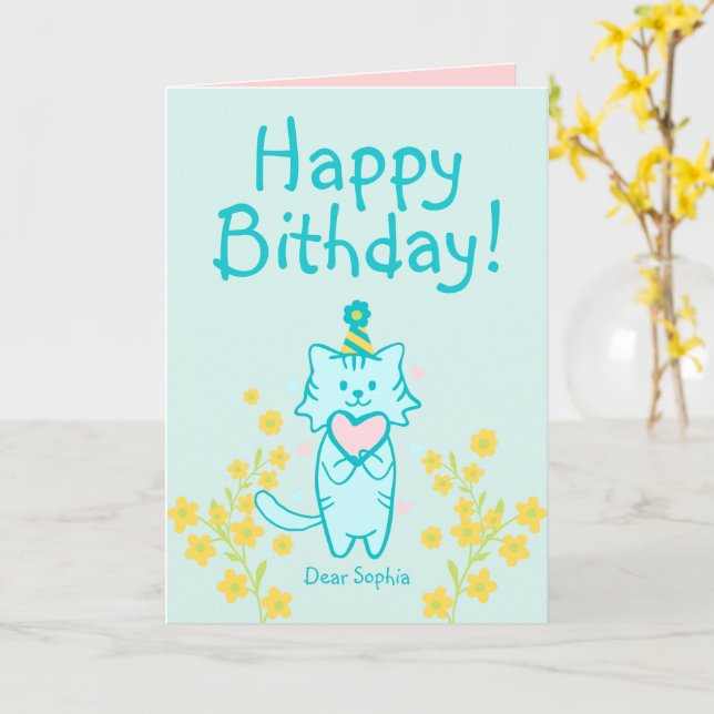 Yellow Flower&Blue Cat wearing Hat&Heart Birthday Card (Yellow Flower)