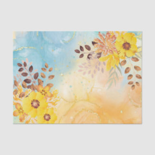 Yellow Flower Blue Marble Watercolor Decoupage Tissue Paper