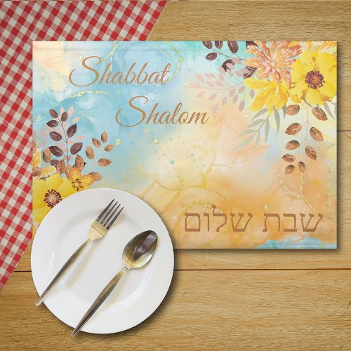 Yellow Flower Blue Marble Watercolor Shabbat Cloth Placemat