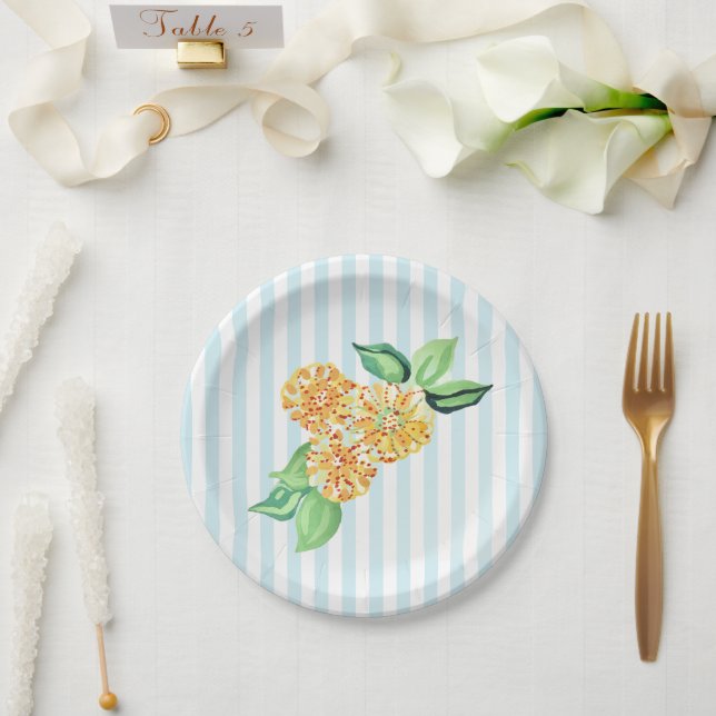 Yellow Flower Blue Stripe Paper Plates (Wedding)