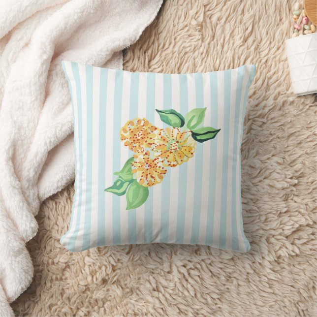 Yellow Flower Blue Stripe Throw Pillow (Blanket)