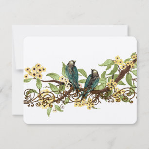 Yellow Flower Branch Vintage Birds Wedding RSVP Card