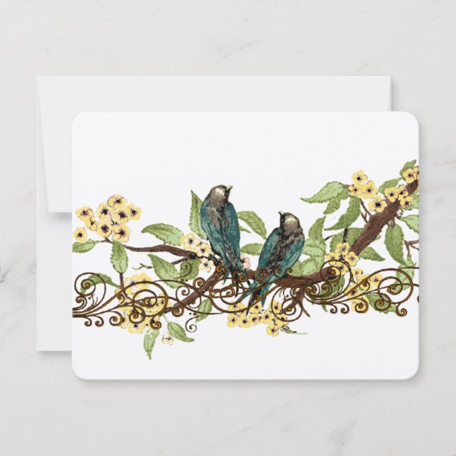 Yellow Flower Branch Vintage Birds Wedding RSVP Card (Front)