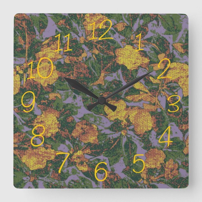 Yellow flower camouflage pattern square wall clock (Front)