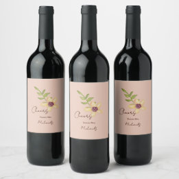 Yellow Flower Cheers Pink Simple Pretty Botanical Wine Label