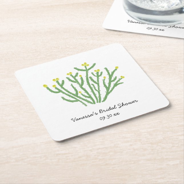 Yellow Flower Cholla Cactus Bridal Shower Square Paper Coaster (Angled)