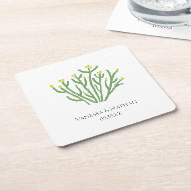 Yellow Flower Cholla Cactus Wedding Cocktail Hour Square Paper Coaster (Angled)