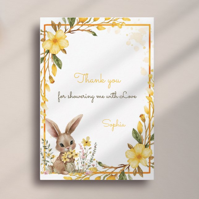 Yellow Flower Cute Bunny Spring Easter Baby Shower Thank You Card (Creator Uploaded)