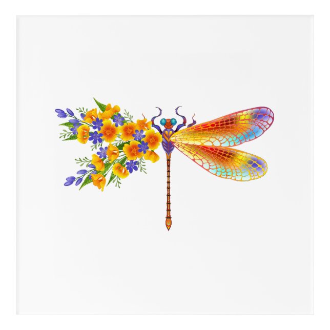 Yellow Flower Dragonfly Acrylic Print (Front)