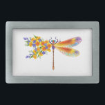Yellow Flower Dragonfly Belt Buckle<br><div class="desc">Artistically painted,  floral dragonfly in contrasting orange and purple with yellow,  bright,  blooming California poppy and blue wildflowers on white background.</div>