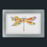 Yellow Flower Dragonfly Belt Buckle<br><div class="desc">Artistically painted,  floral dragonfly in contrasting orange and purple with yellow,  bright,  blooming California poppy and blue wildflowers on white background.</div>