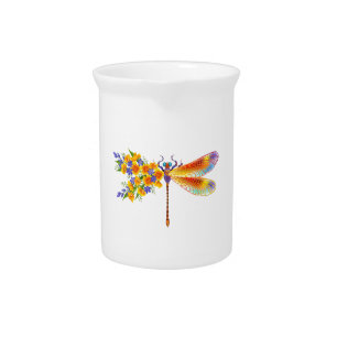 Yellow Flower Dragonfly Beverage Pitcher