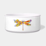 Yellow Flower Dragonfly Bowl<br><div class="desc">Artistically painted,  floral dragonfly in contrasting orange and purple with yellow,  bright,  blooming California poppy and blue wildflowers on white background.</div>