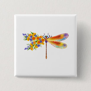 Yellow Flower Dragonfly Button