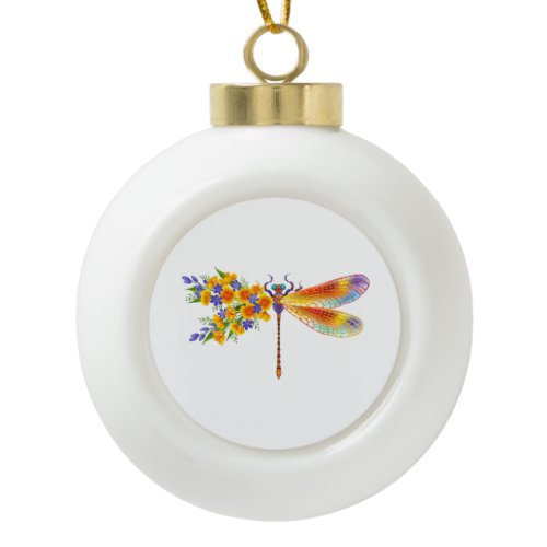 Yellow Flower Dragonfly Ceramic Ball Christmas Ornament
