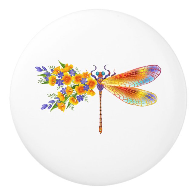 Yellow Flower Dragonfly Ceramic Knob (Front)