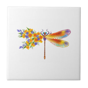 Yellow Flower Dragonfly Ceramic Tile