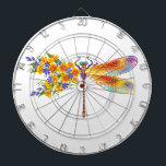 Yellow Flower Dragonfly Dart Board<br><div class="desc">Artistically painted,  floral dragonfly in contrasting orange and purple with yellow,  bright,  blooming California poppy and blue wildflowers on white background.</div>