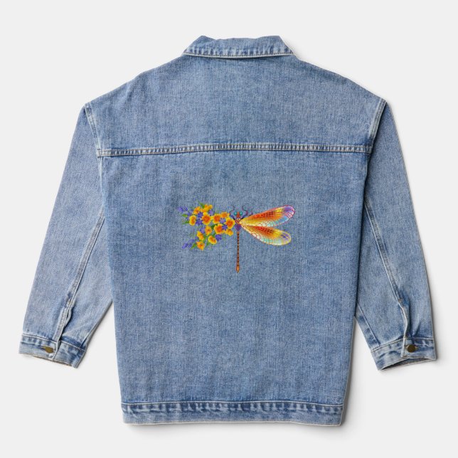 Yellow Flower Dragonfly Denim Jacket (Back)