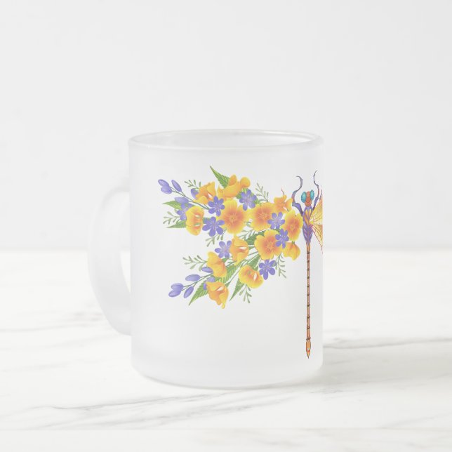 Yellow Flower Dragonfly Frosted Glass Coffee Mug (Front Left)