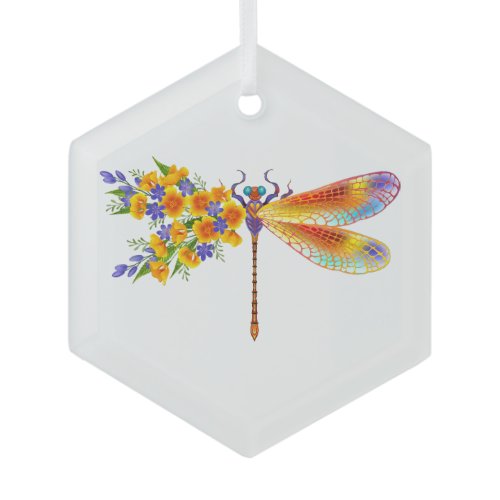 Yellow Flower Dragonfly Glass Ornament