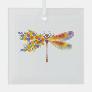 Yellow Flower Dragonfly Glass Ornament
