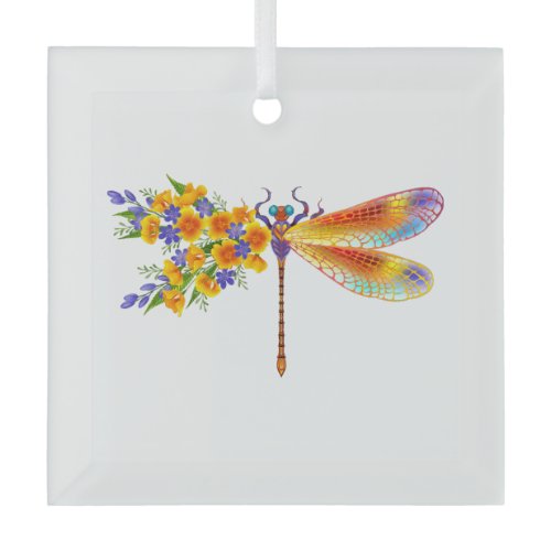 Yellow Flower Dragonfly Glass Ornament