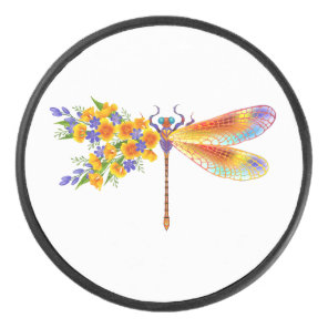 Yellow Flower Dragonfly Hockey Puck