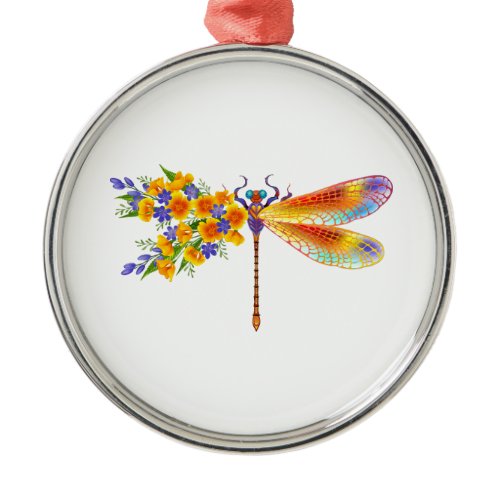Yellow Flower Dragonfly Metal Ornament