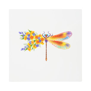 Yellow Flower Dragonfly Metal Print