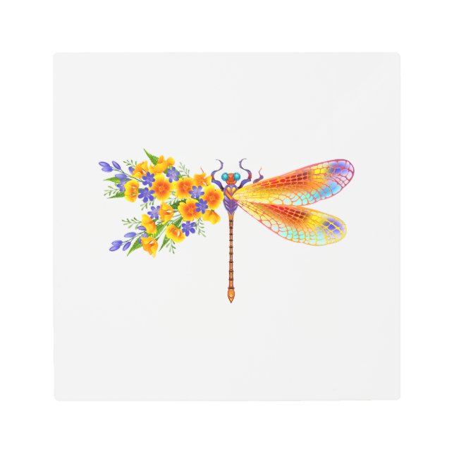 Yellow Flower Dragonfly Metal Print (Front)