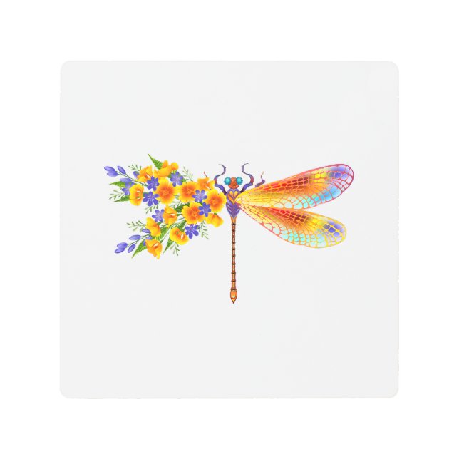 Yellow Flower Dragonfly Metal Print (Front)