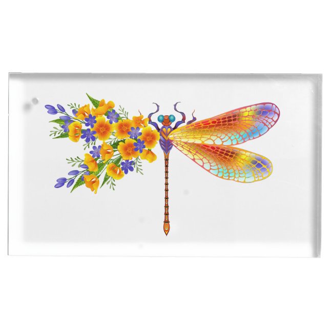 Yellow Flower Dragonfly Place Card Holder (Front)