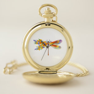 Yellow Flower Dragonfly Pocket Watch